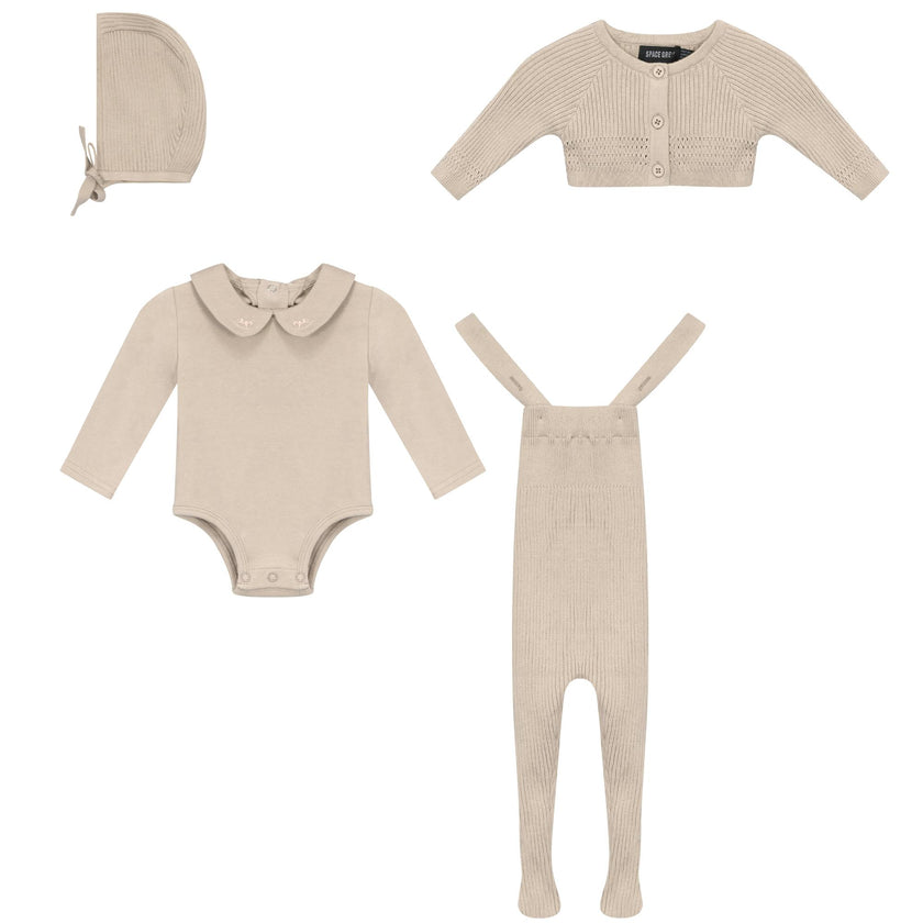 Knit Overall, Romper, Cardigan, and Bonnet Four Piece Set