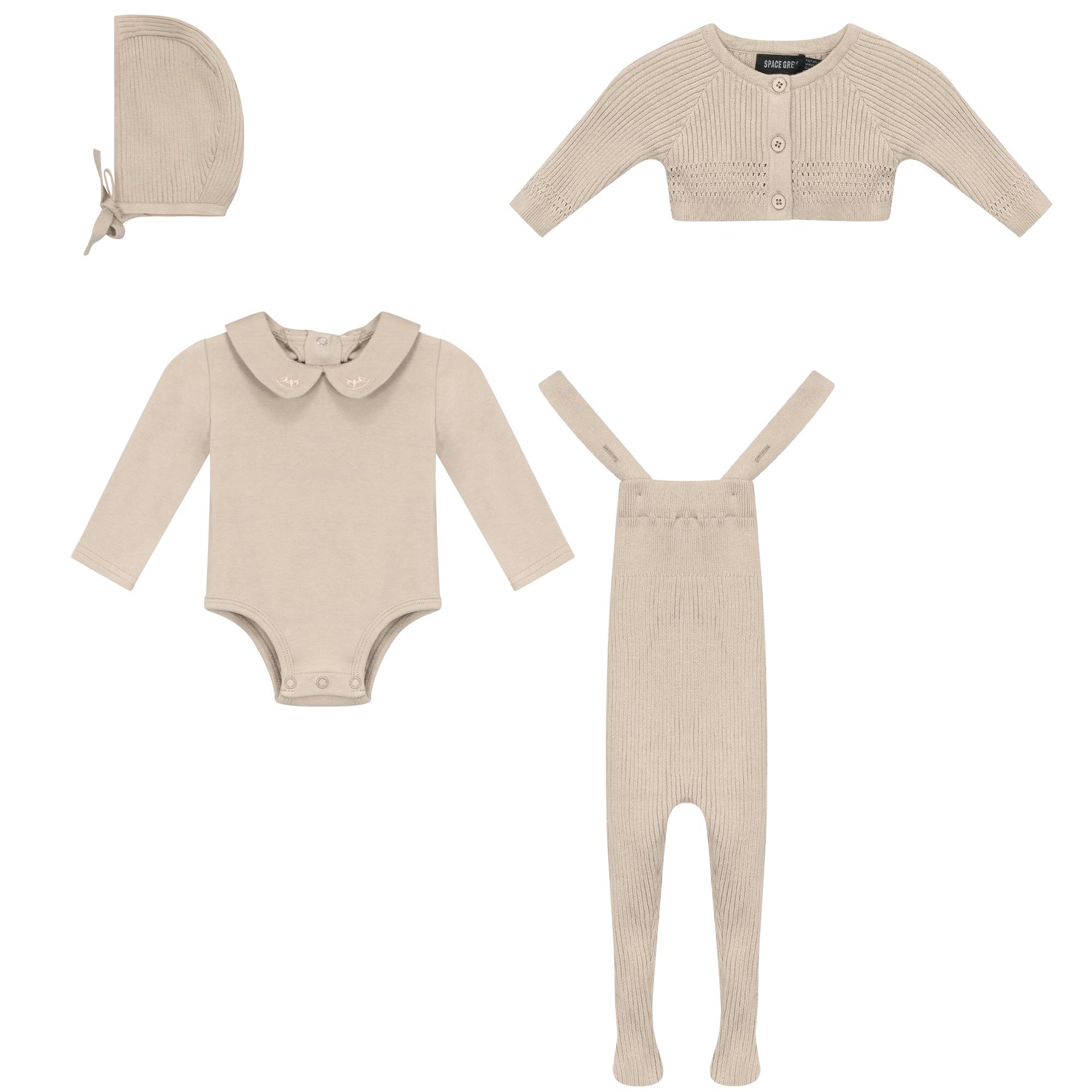 Knit Overall, Romper, Cardigan, and Bonnet Four Piece Set
