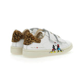 White Mickey + Minnie Leopard Tab Velcro Sneakers