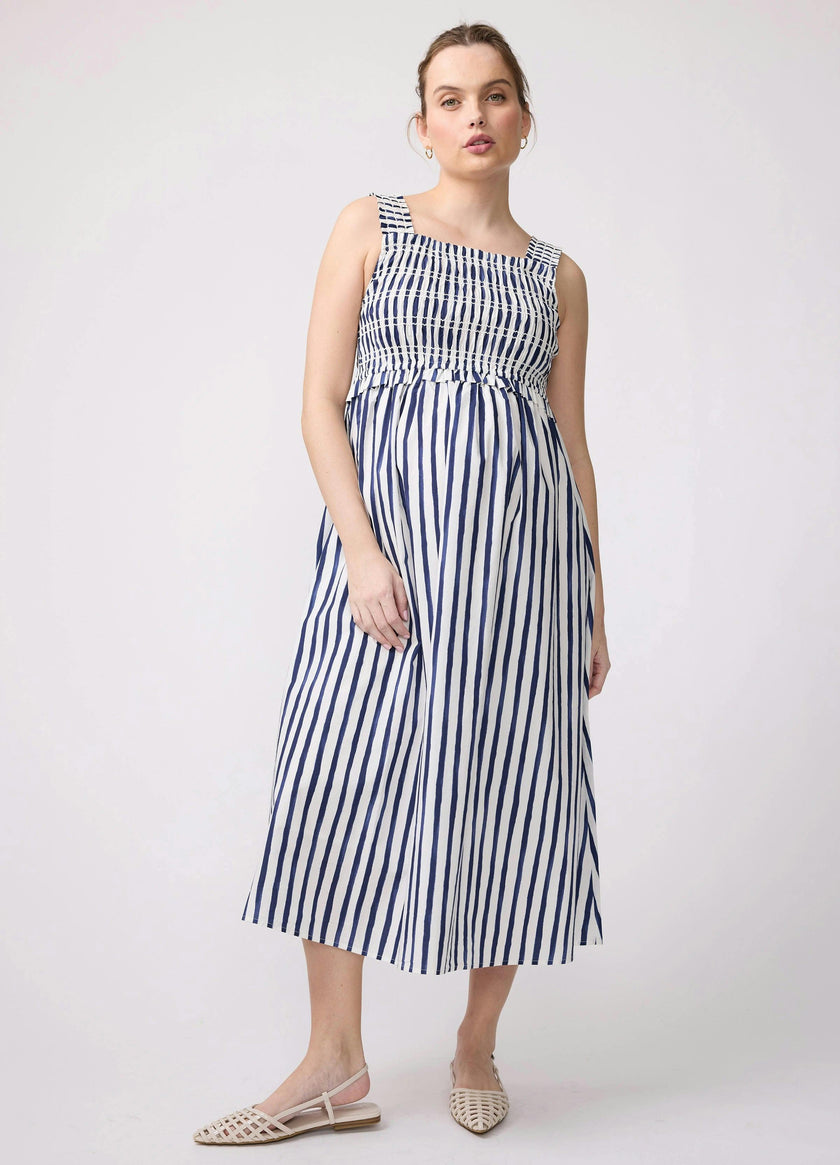 Square Neck Smocked Cotton Maternity Maxi Dress