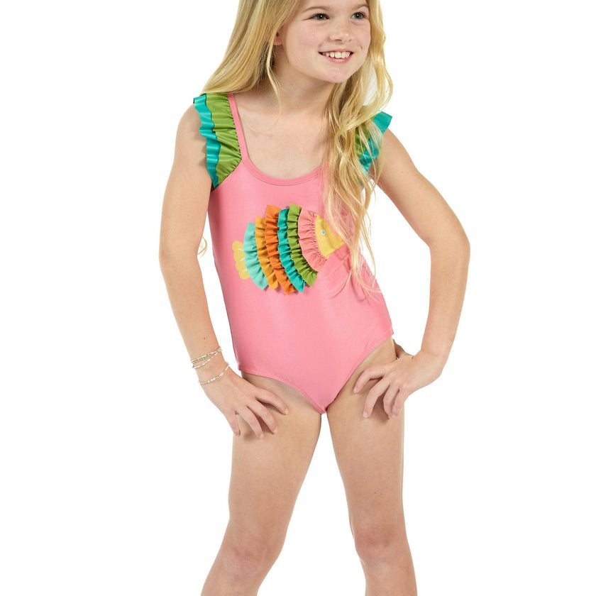 The Coral Reef Ruffle - Little Girls Pink Fish One Piece