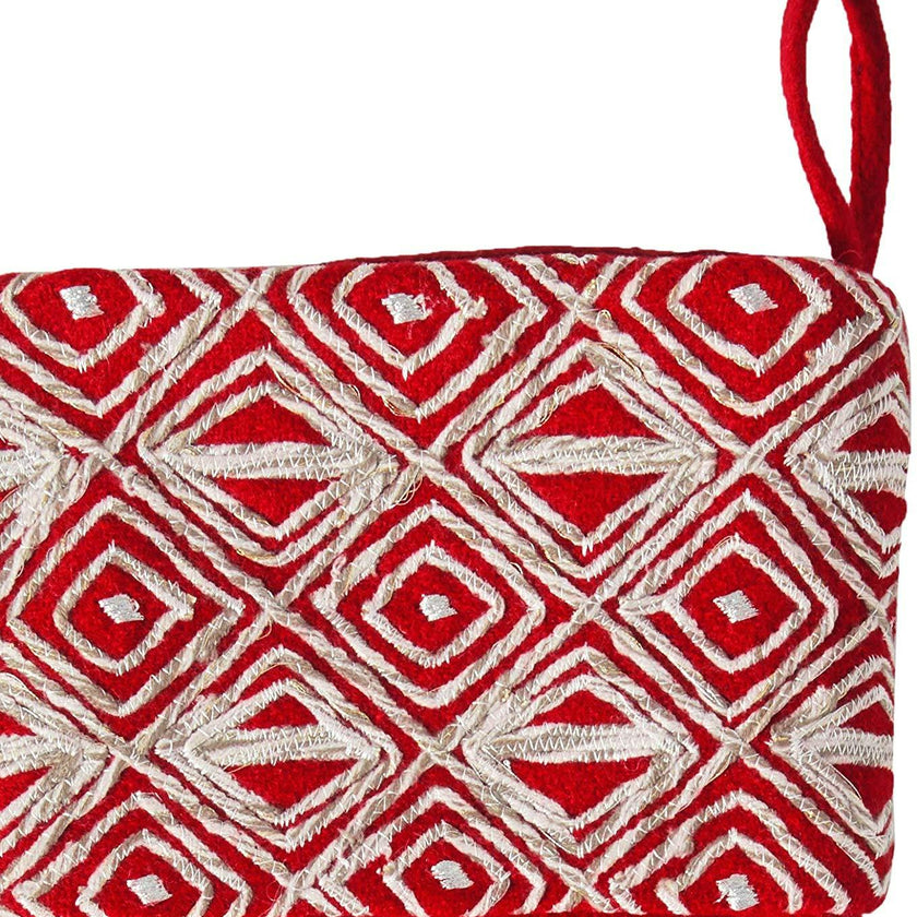 Red Christmas Stocking Geo Embroidered Cuff Wool Arcadia Home