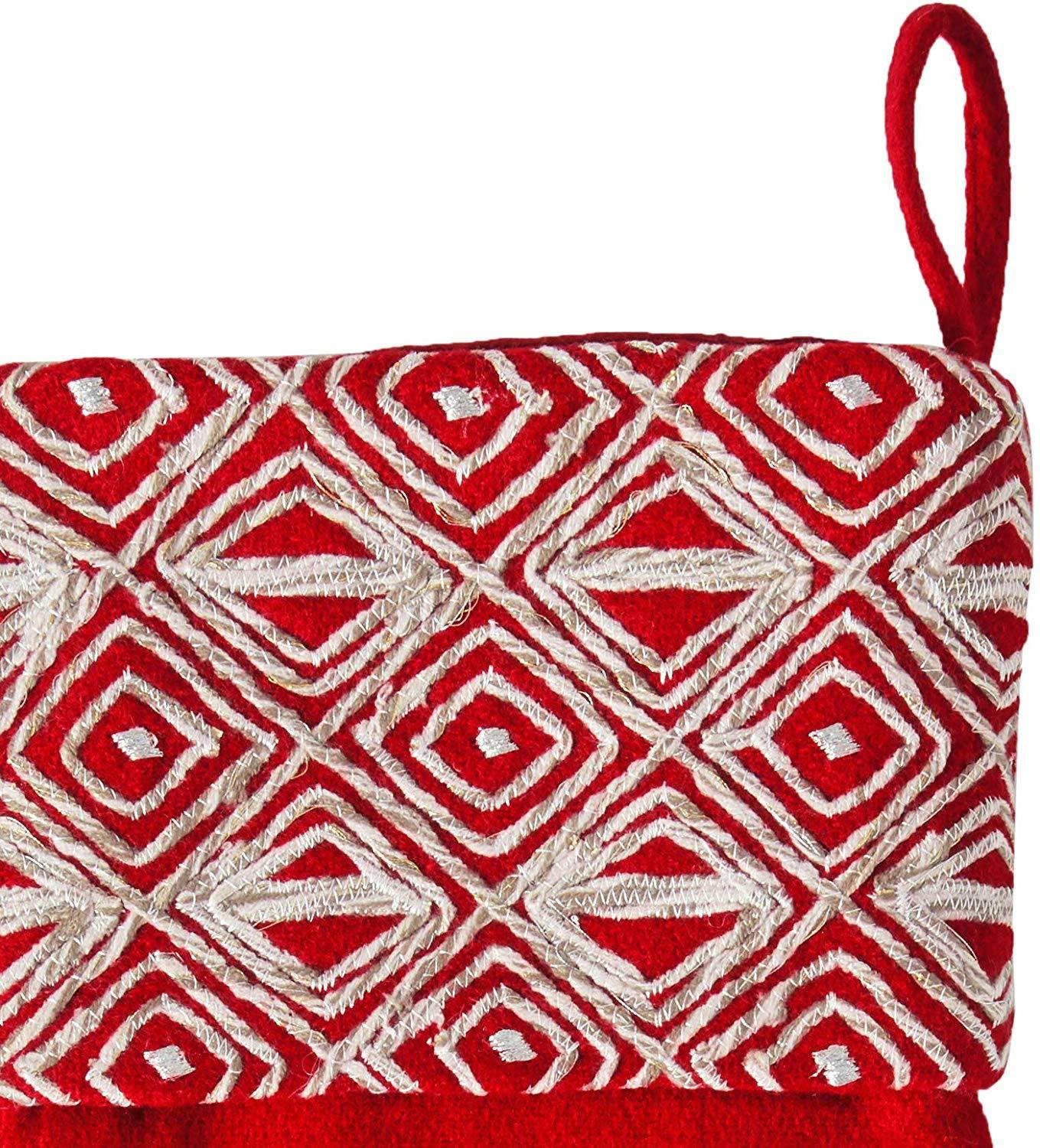 Red Christmas Stocking Geo Embroidered Cuff Wool Arcadia Home