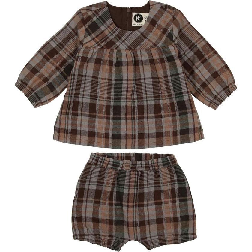Sweet Plaid Long Puff Sleeve Top & Shorts Set