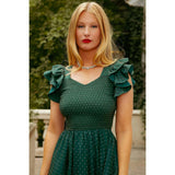 Hattie Dress in Green Flocked Dot Tulle