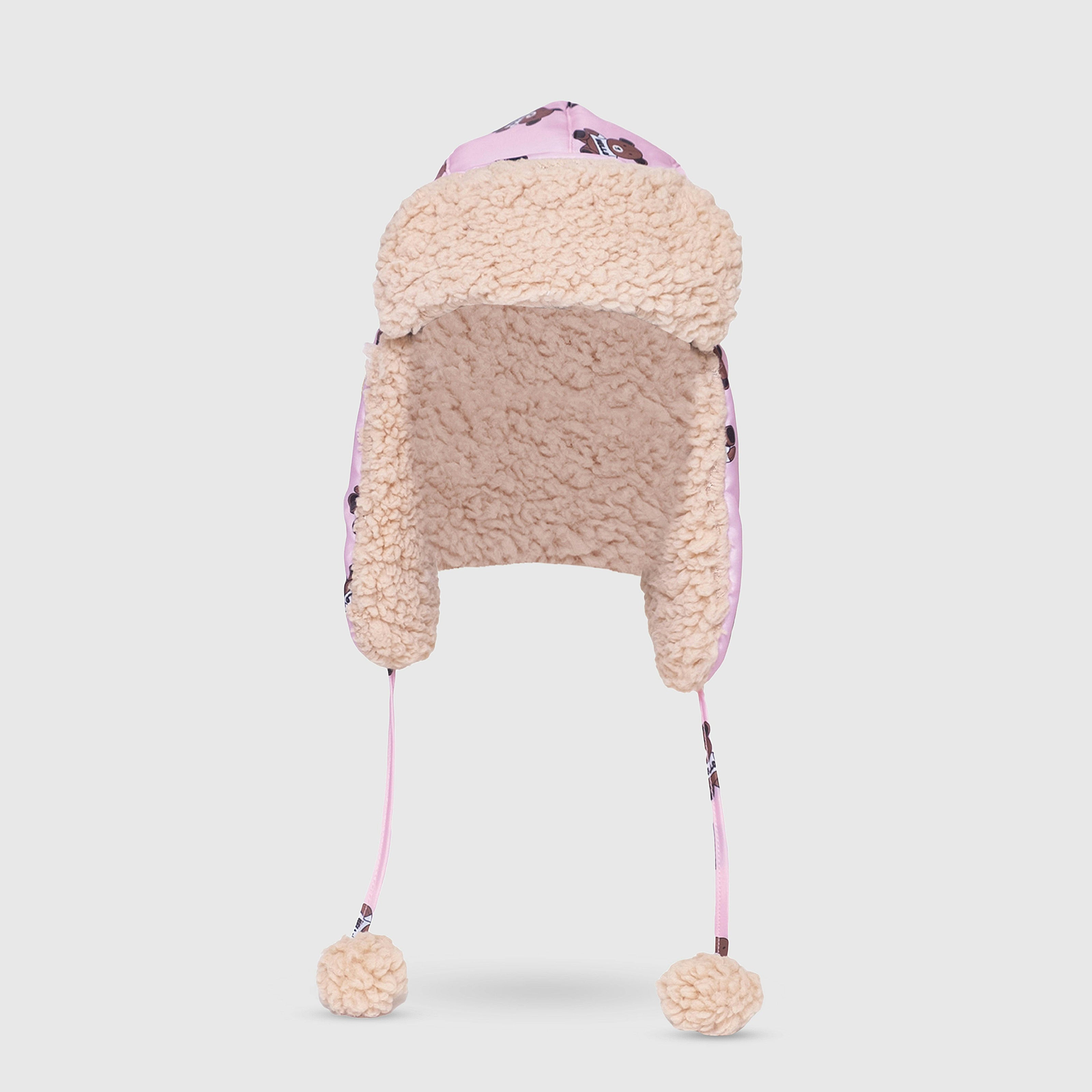 The Cozy Trapper Hat – Teddy Bears Print with Irish Cream Sherpa Liner & Pompoms