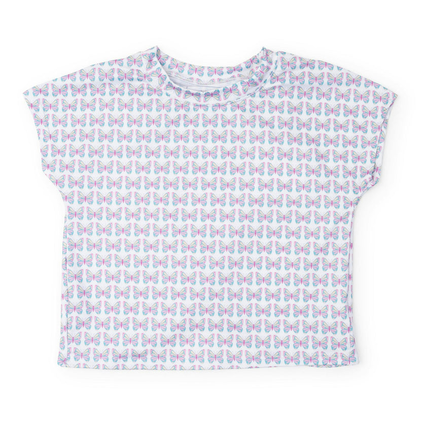 Sloane Girls' Short Sleeve Performance Top by LH Sport - Peace Love Butterflies Pink Multi