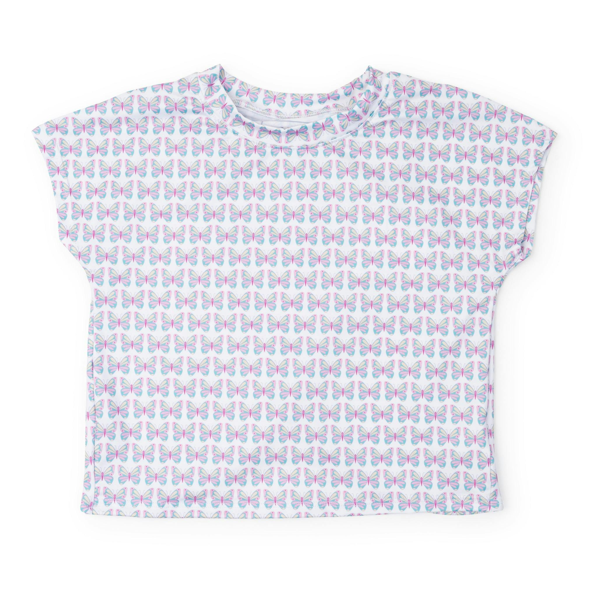 Sloane Girls' Short Sleeve Performance Top by LH Sport - Peace Love Butterflies Pink Multi