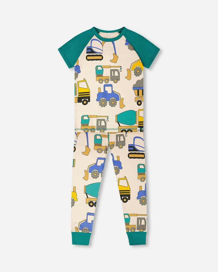 Organic Cotton Two-Piece Pyjama Set Beige Truck Print