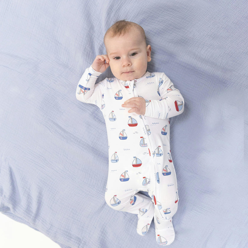 Bubbly Sailboats Blue - 2 Way Zipper Footie