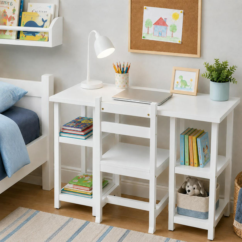 Wooden Desk & Chair Set with 4 Storage Shelves