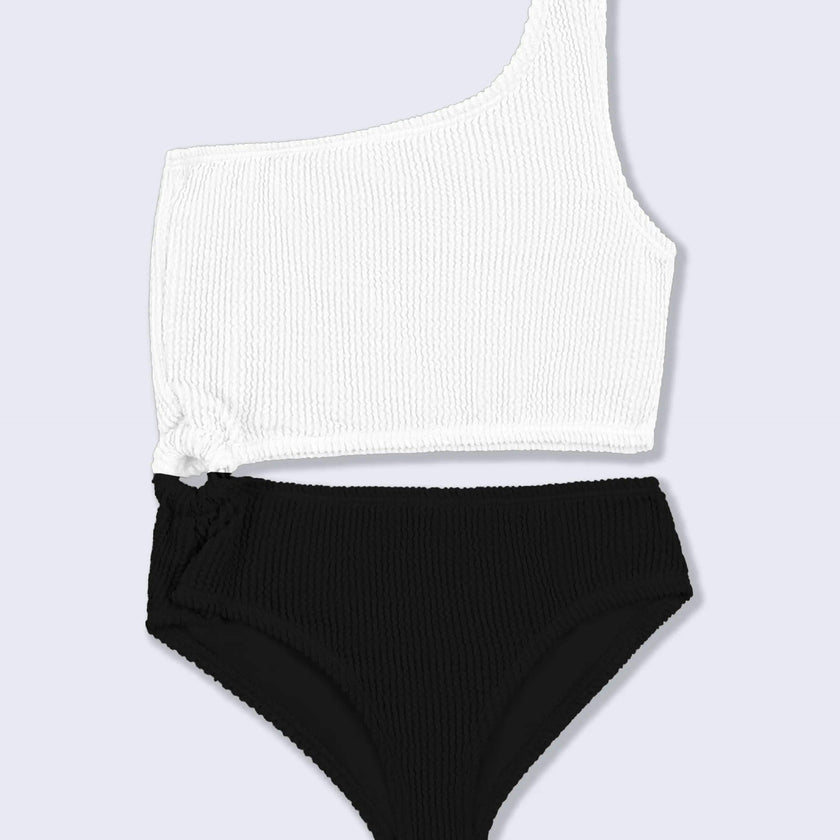 Dina Crinkle Side Cutout One Piece Swimsuit - Black and White