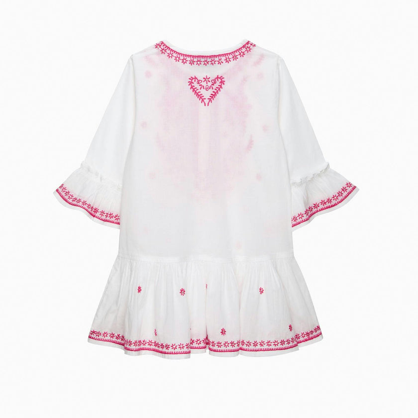 Embroidered Kaftan in White/Fuchsia