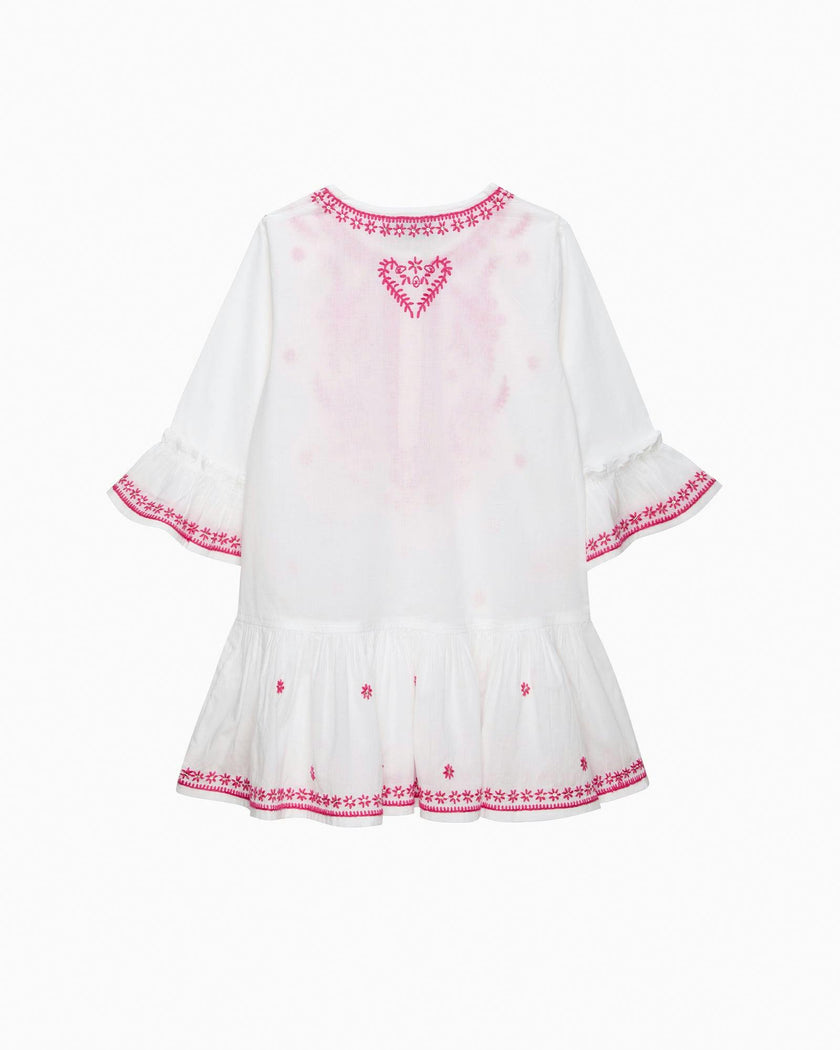 Embroidered Kaftan in White/Fuchsia