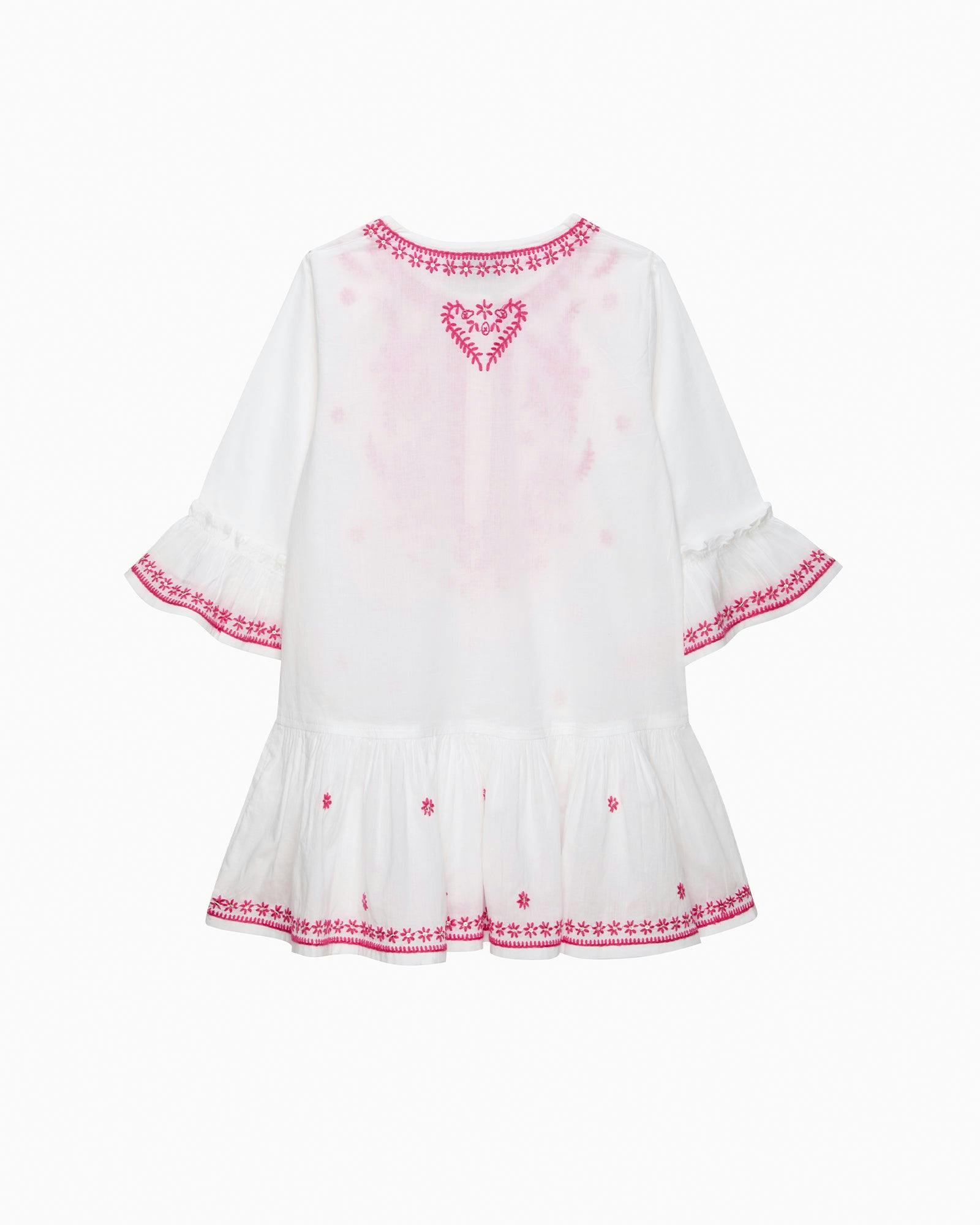 Embroidered Kaftan in White/Fuchsia
