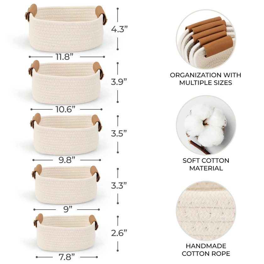 Beautiful Storage Basket Set of 5 - Modern Cotton Rope Baskets for Organizing Shelves - Perfect Bins for Nursery, Changing Table, Office and Living Room