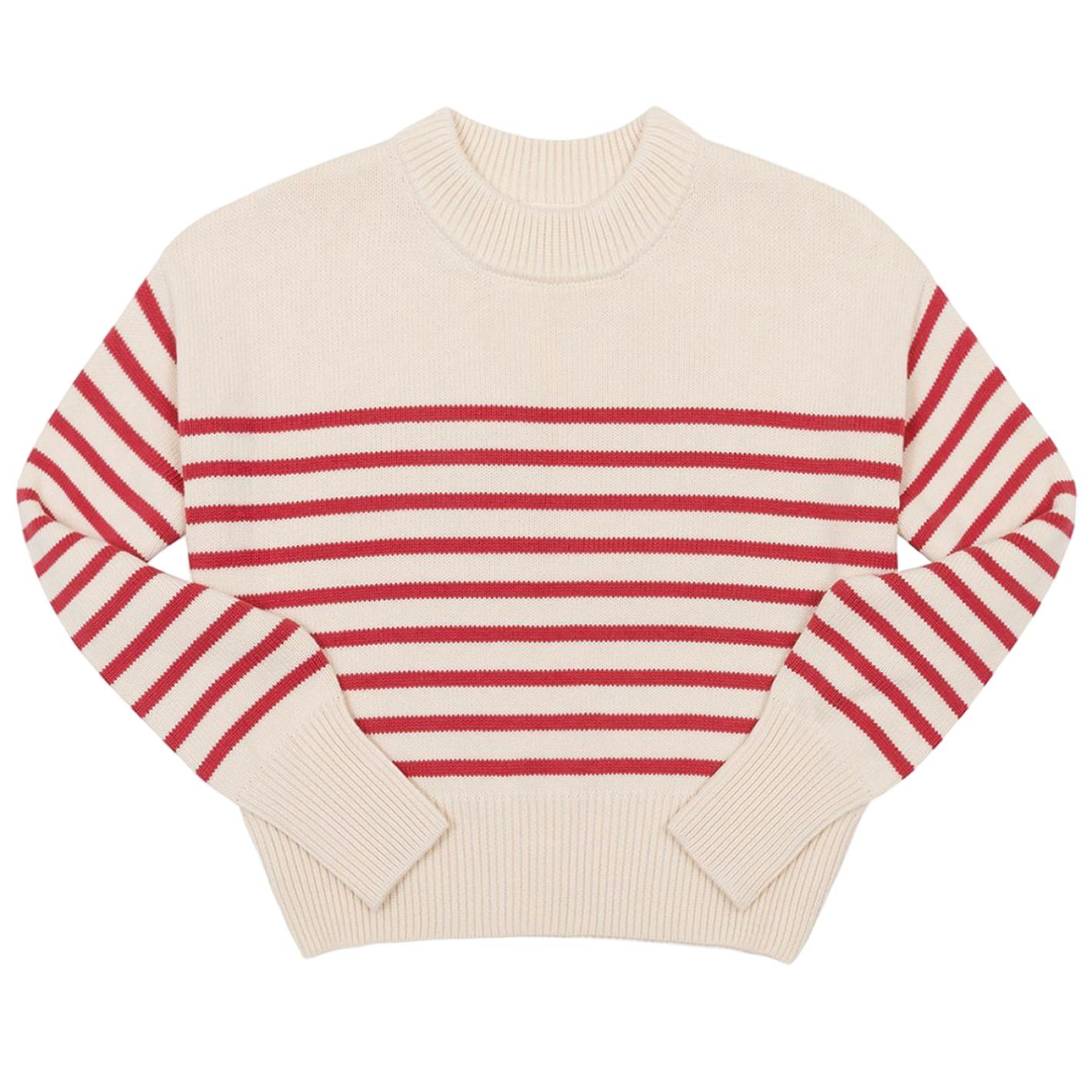 Women's Cream And Red Stripe Cropped Sweater