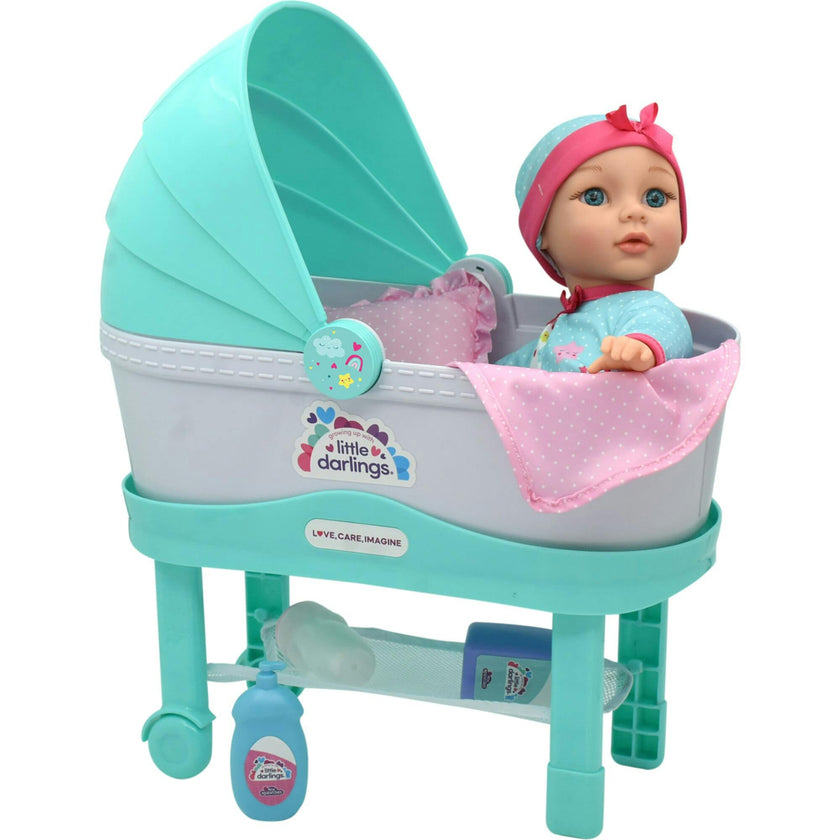 Little Darlings: 12" Bassinet Baby Doll Set - Teal