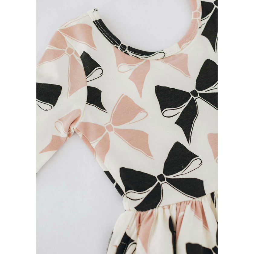 3/4 Sleeve Twirl Dress in Vintage Pink and Black Bows