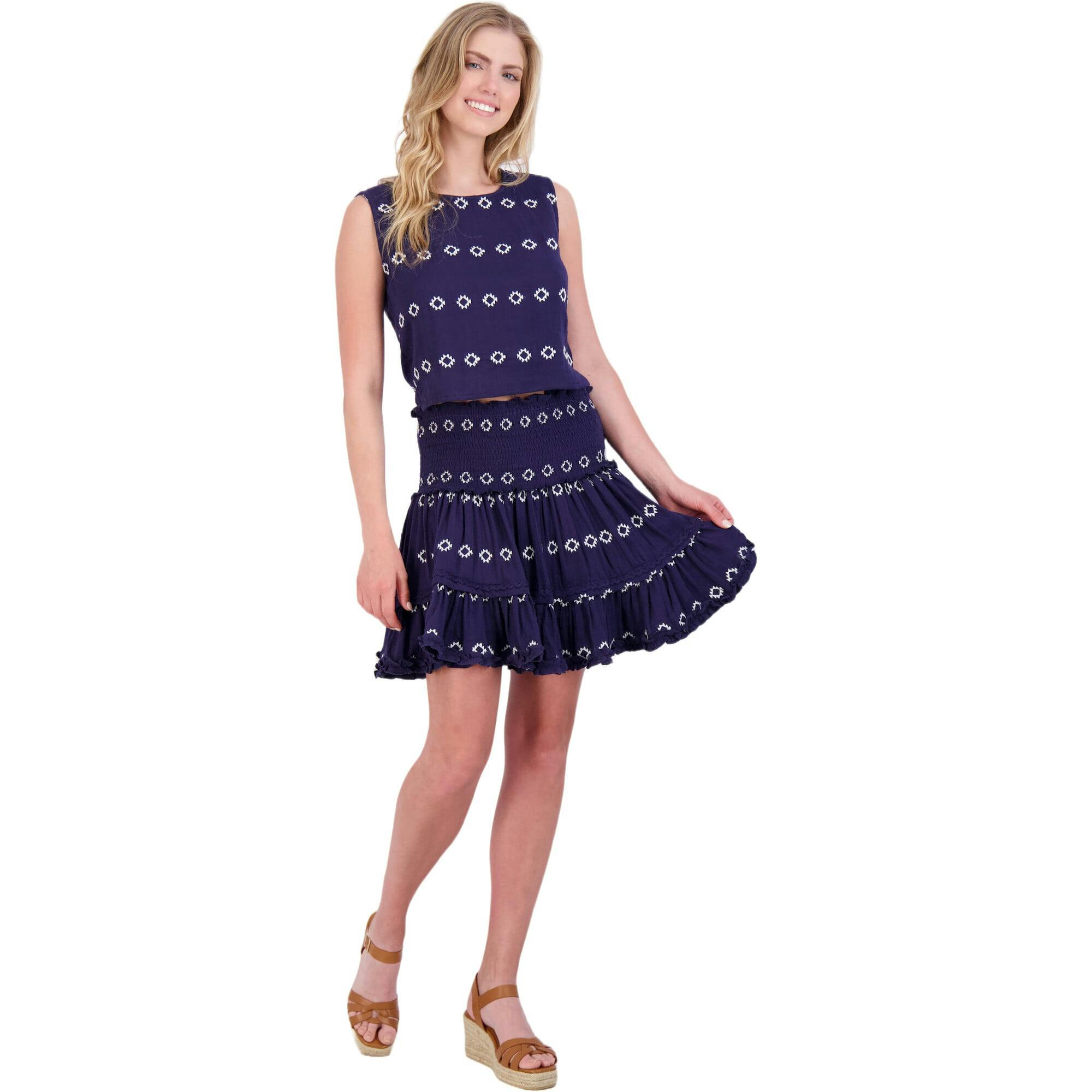 Women's Maribel Embroidered Crop Tank & Skirt Set, Blue