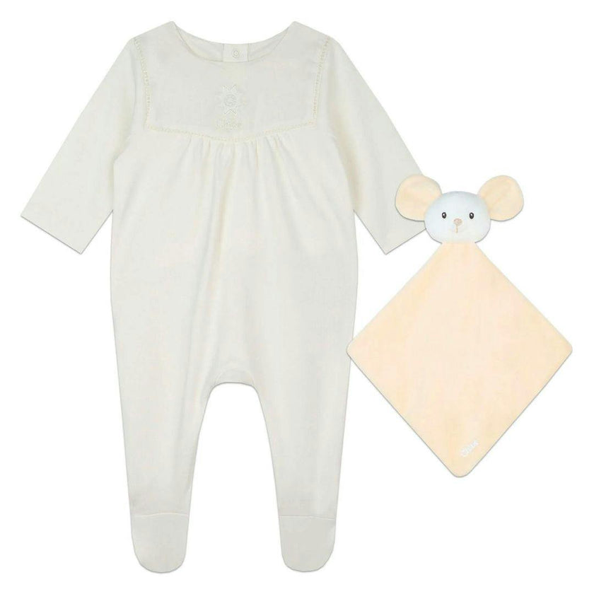 Ivory Embroidered Babygrow Toy Set
