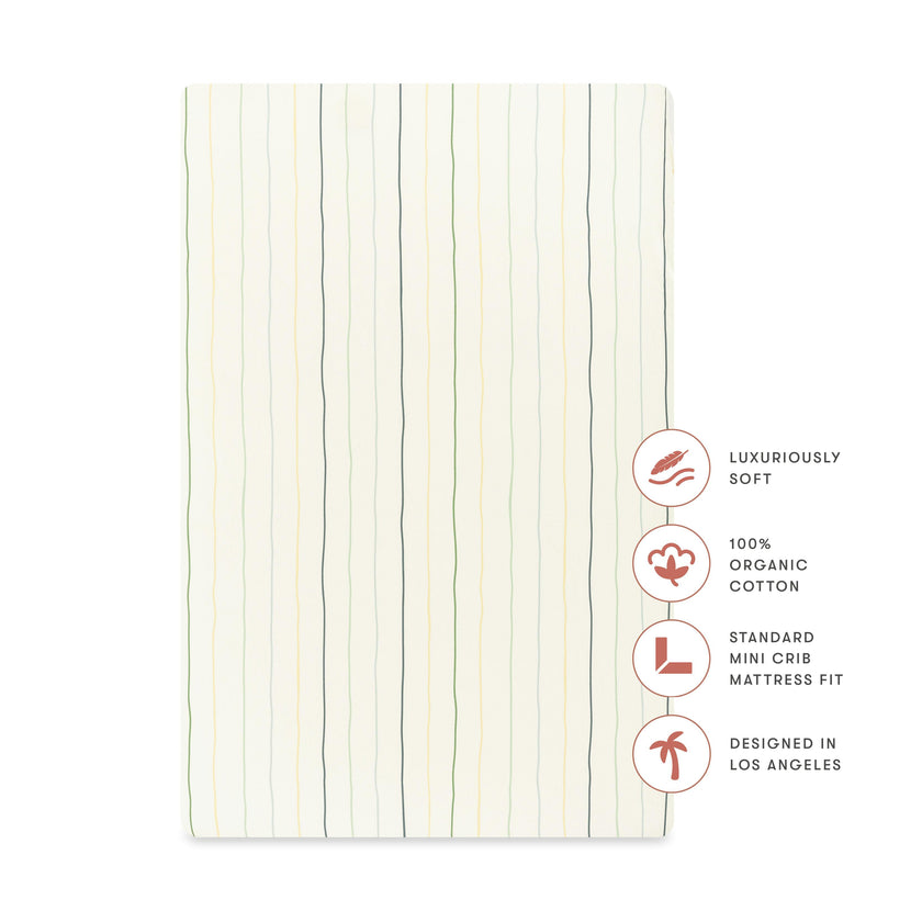 Mini Crib Sheet in GOTS Certified Organic Brushed Cotton in Ivory with Cool Multi-Color Stripes