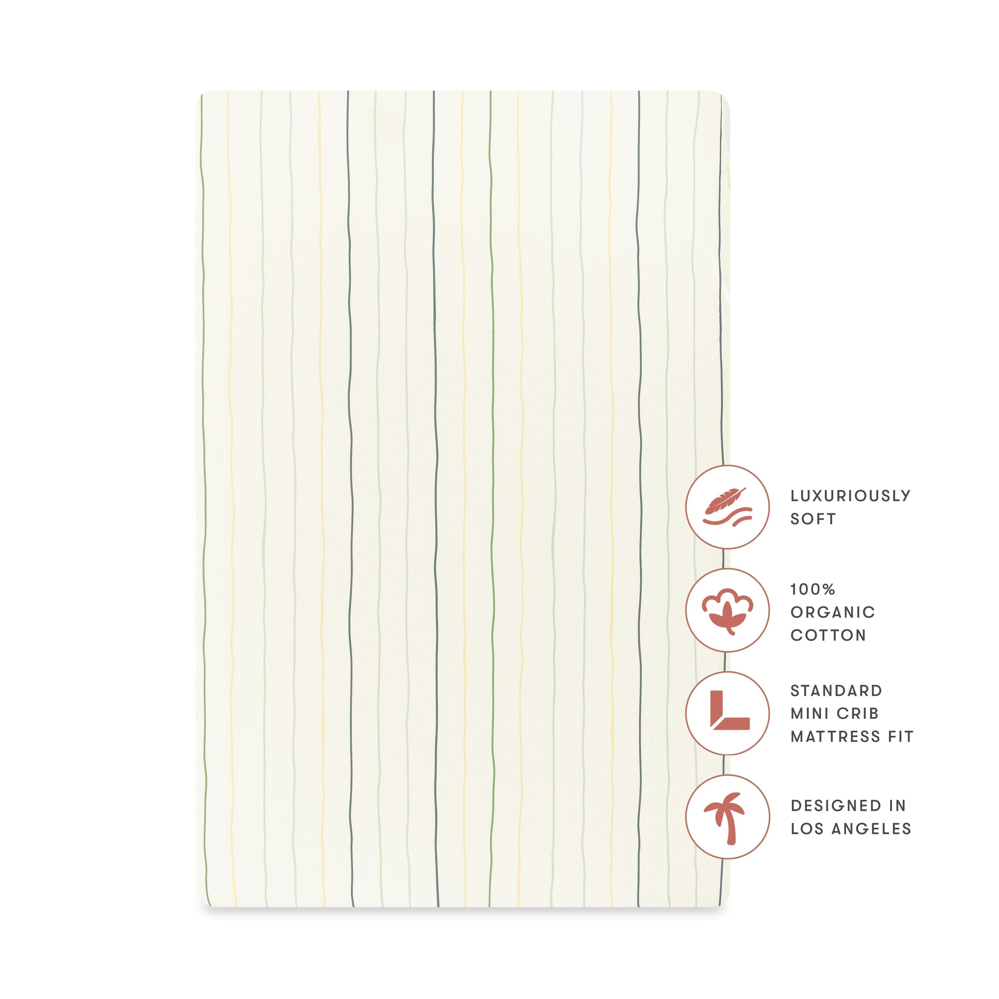 Mini Crib Sheet in GOTS Certified Organic Brushed Cotton in Ivory with Cool Multi-Color Stripes
