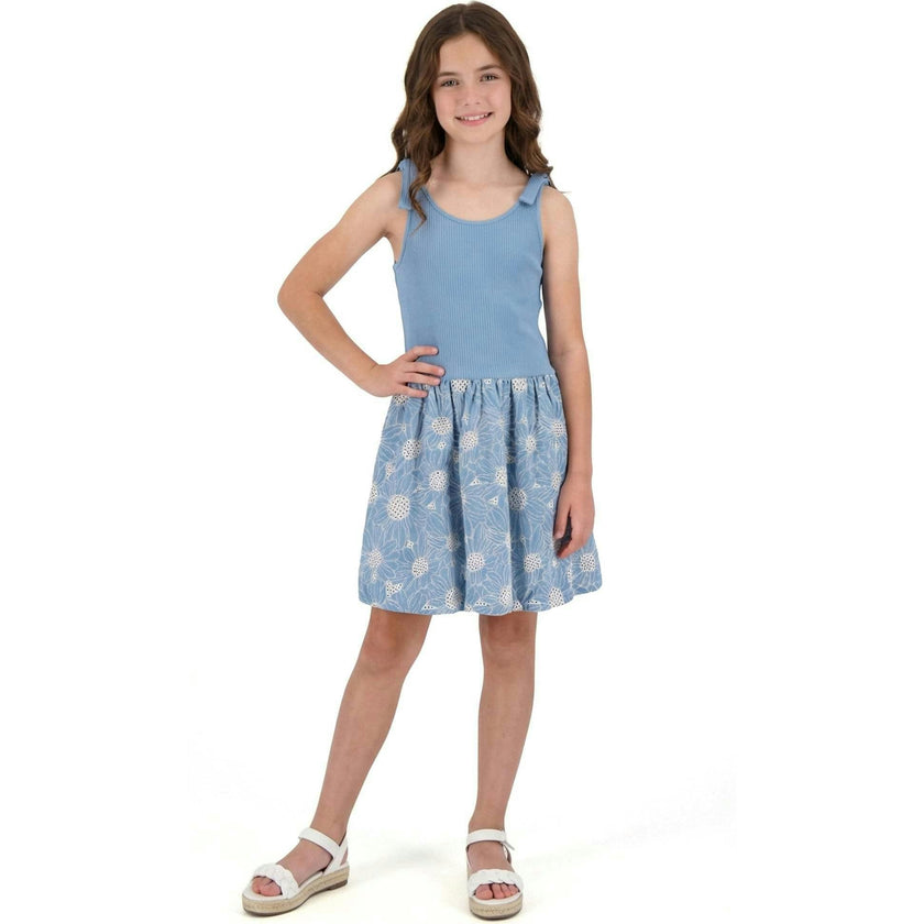 Tween Girls Rib Knit Bow Shoulder Dess | Floral Eyelet