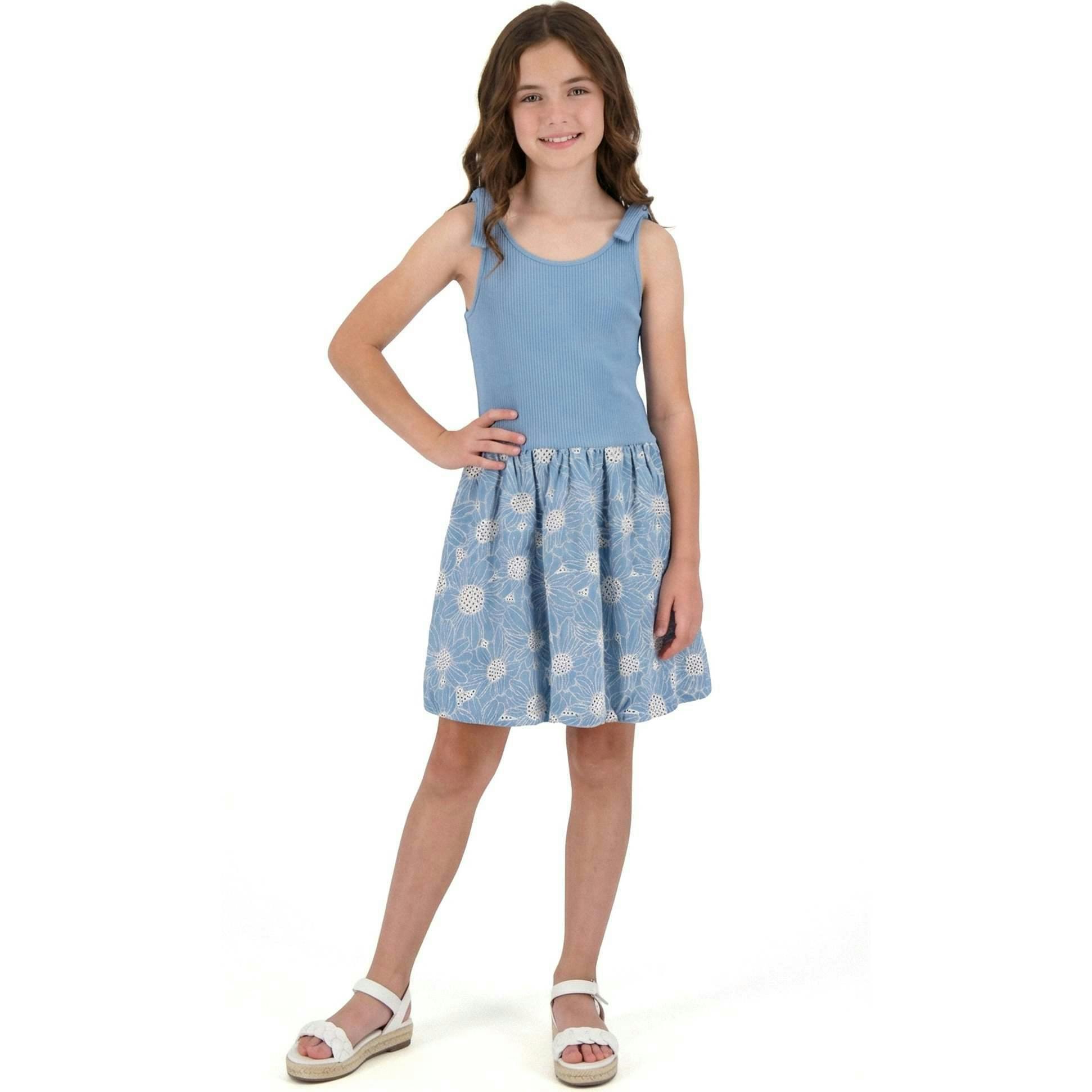 Tween Girls Rib Knit Bow Shoulder Dess | Floral Eyelet