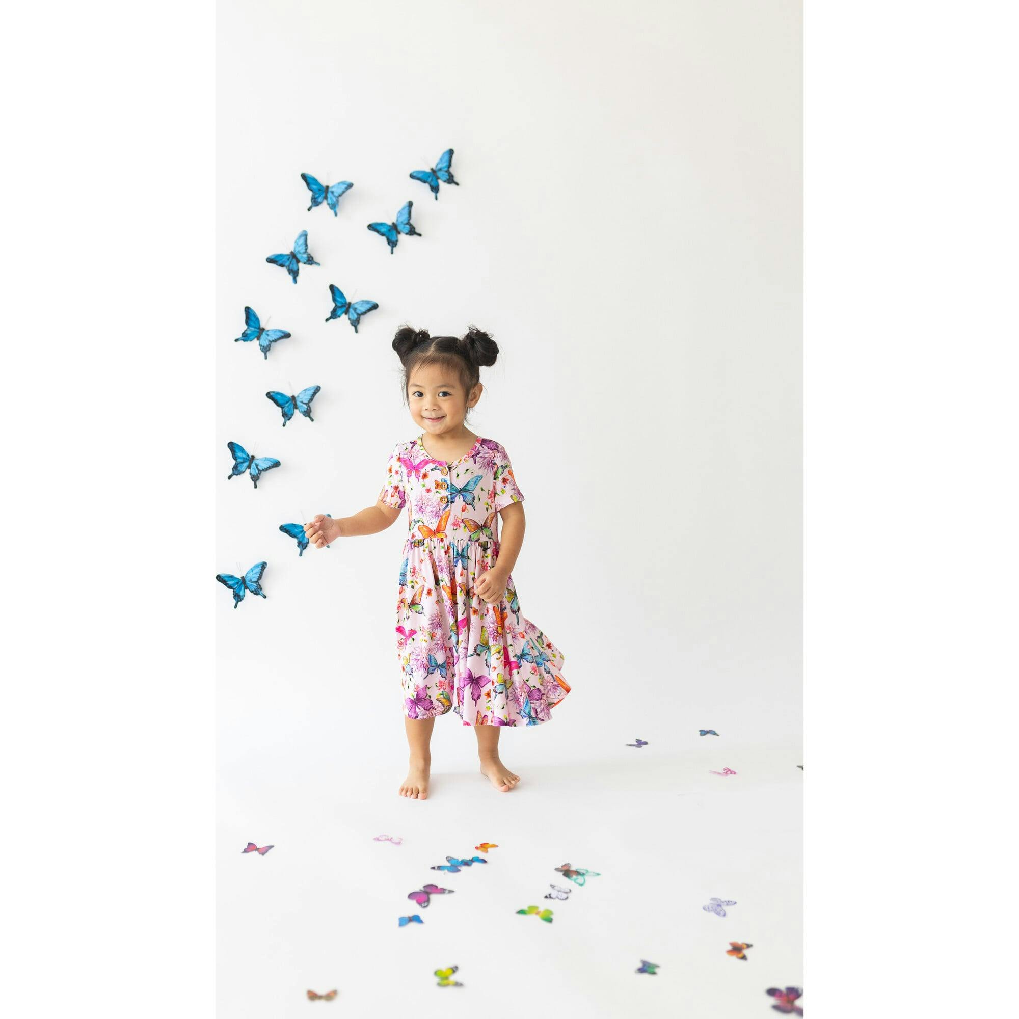 Watercolor Butterfly Short Sleeve Ruffled Twirl Dress