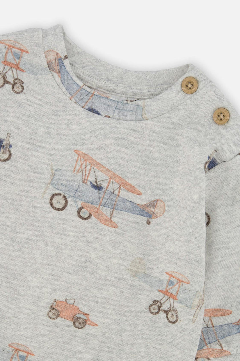 Organic Cotton Pants And Top Set Beige Printed Airplanes