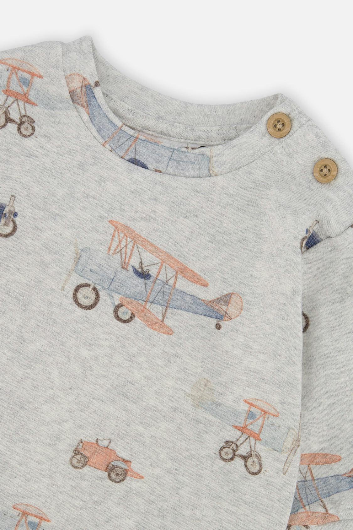 Organic Cotton Pants And Top Set Beige Printed Airplanes