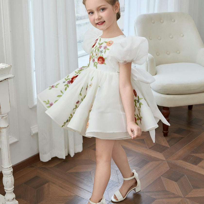 White Embroidered Puff Sleeve Dress