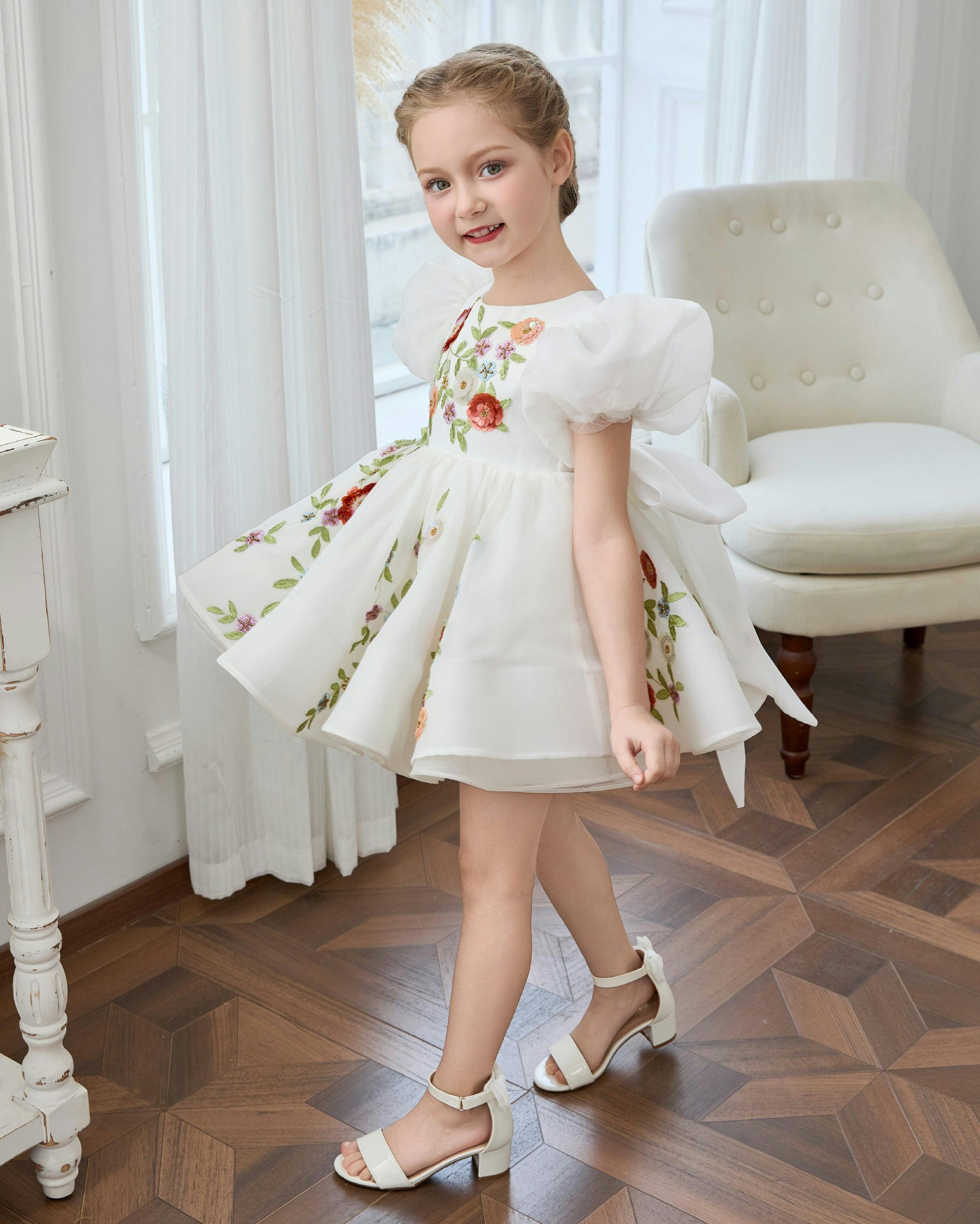 White Embroidered Puff Sleeve Dress