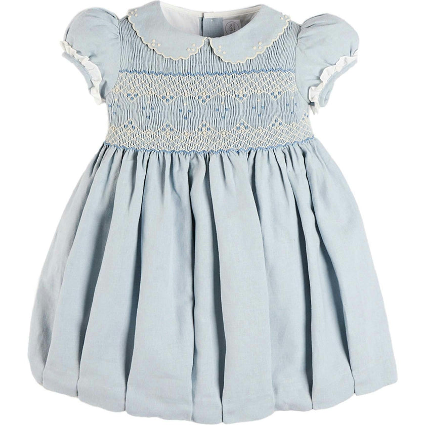 Hand Smocked Peter Pan Collar Short Sleeve Dress in Sky Blue (12mths-10yrs)