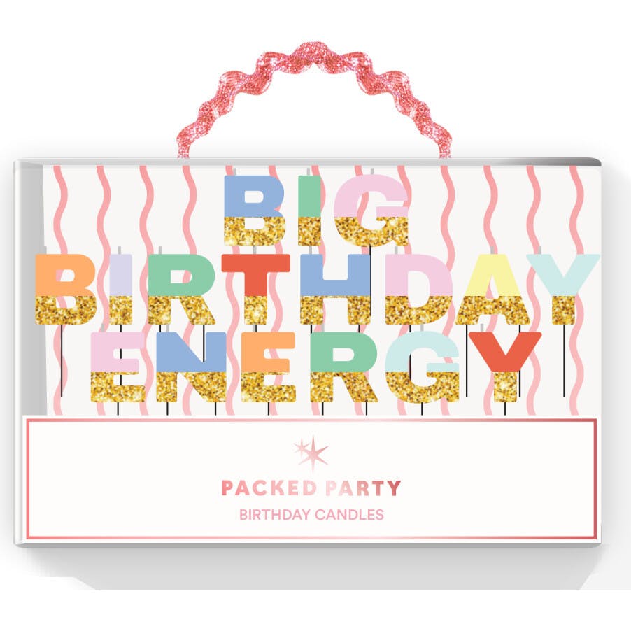 Packed Party Big Birthday Energy Glitter Letter Candle Set - Multicolor Rainbow Alphabet Candles with Gold Glitter Trim, Spell-Out Cake Candles in Gift Box
