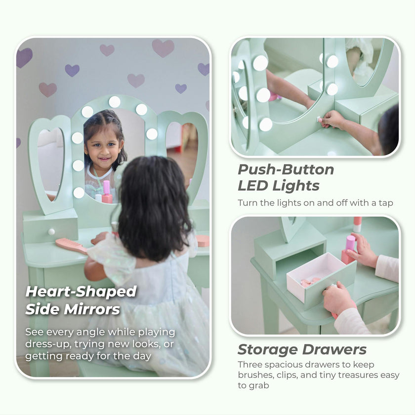 Teamson Kids Heart Glow Wooden Vanity Set With LED Lights Mirror & Stool