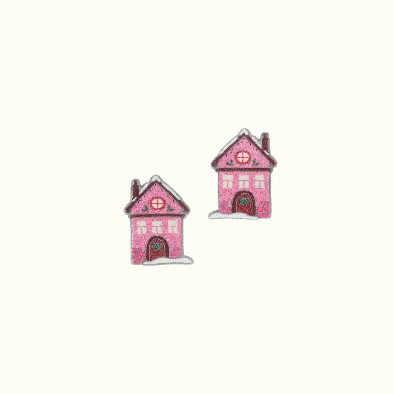 Pink Holiday Village House Stud Earrings