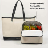 Vegan Leather Work Tote Bag with Removable Insulated Pouch, Black Canvas