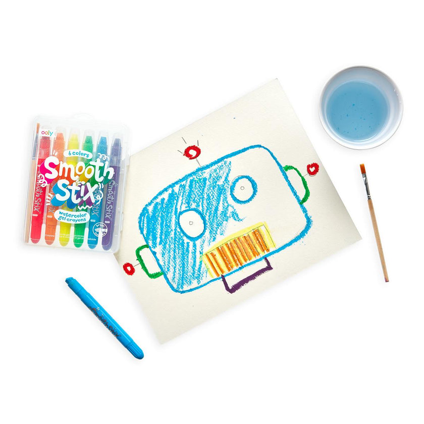 Smooth Stix Watercolor Gel Crayons - Includes Paintbrush - Set of 6