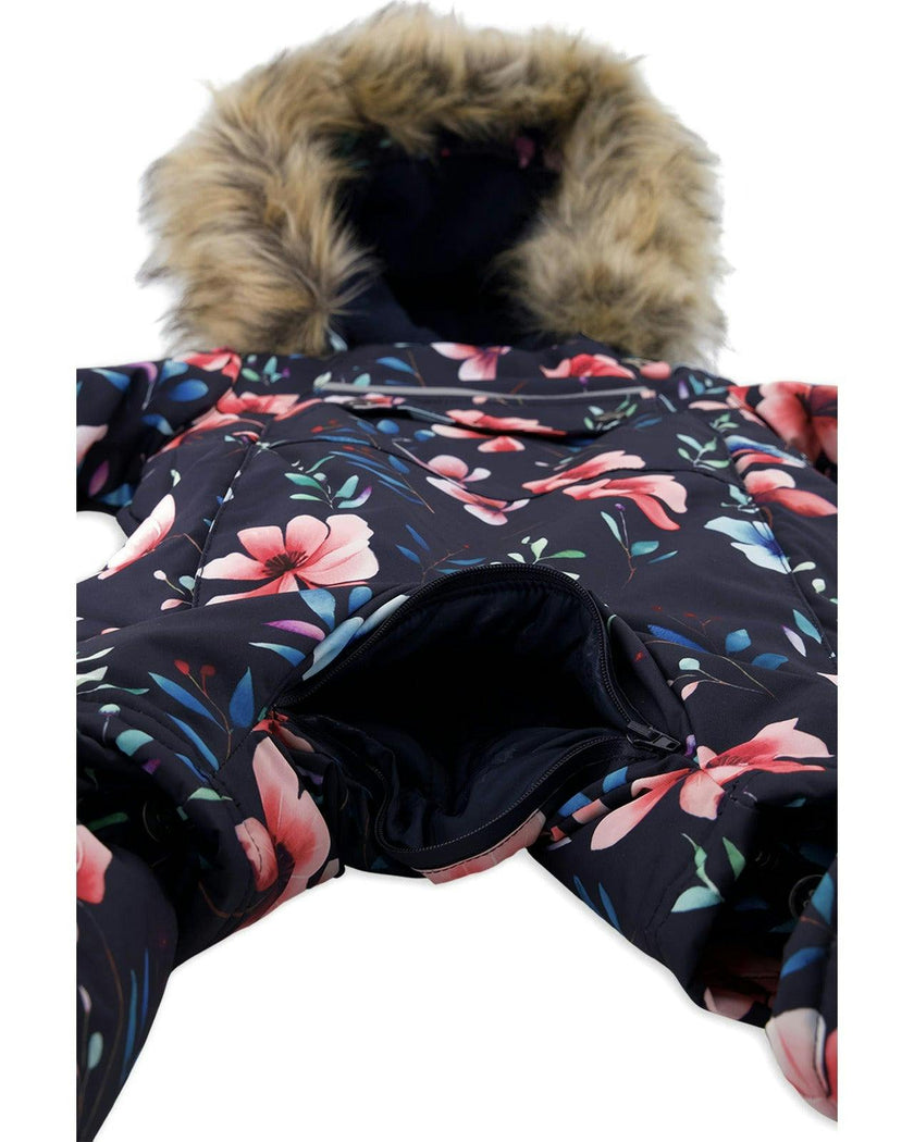 Baby One Piece Snowsuit Adapted For Car Seats Blue Floral Print