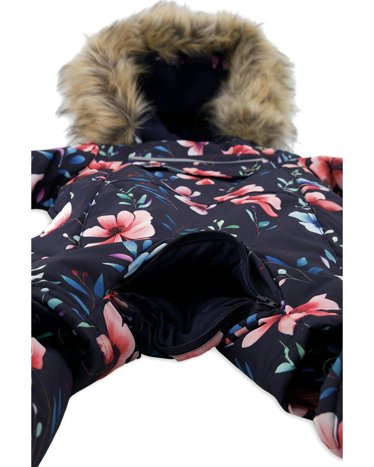 Baby One Piece Snowsuit Adapted For Car Seats Blue Floral Print
