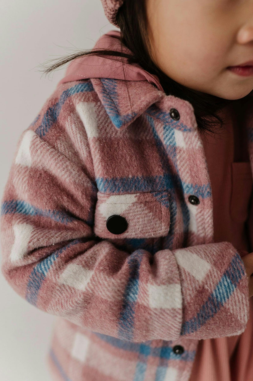Kids Hooded Shacket in Pink Blue Plaid