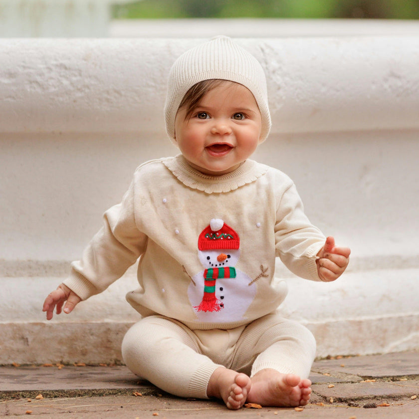 Girls Holiday Snowman Knit Set Ecru