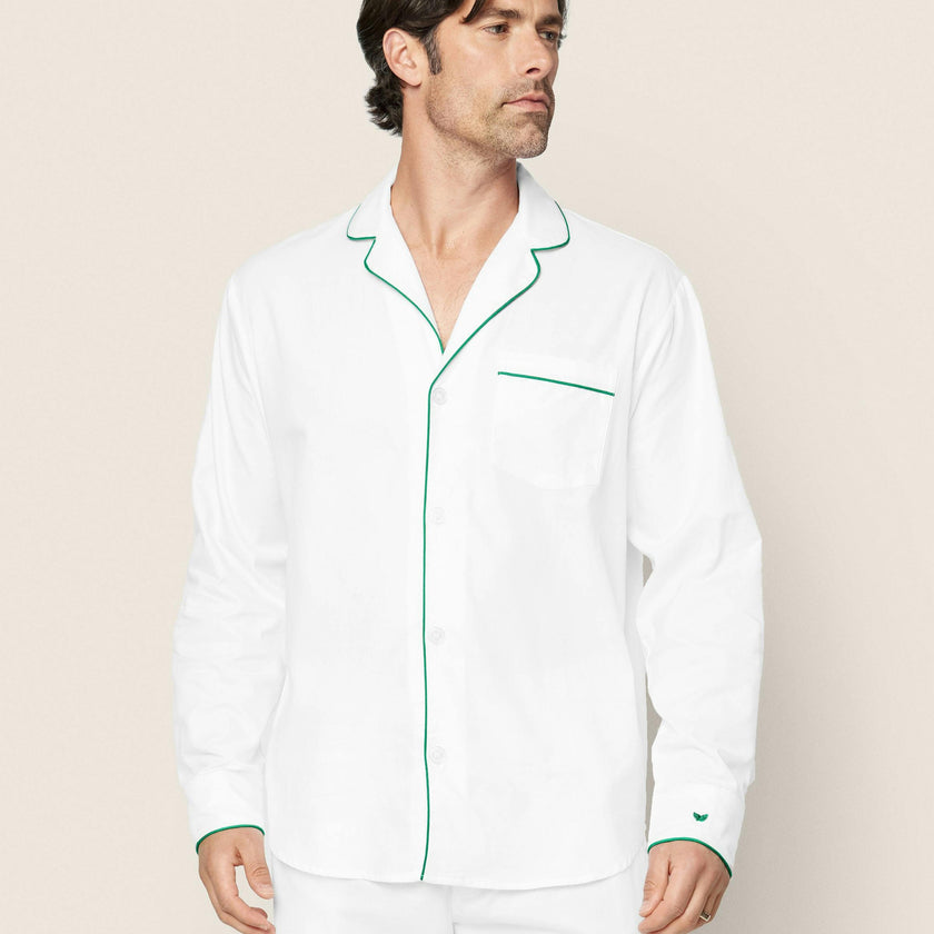 Men's Twill Pajama Set in White with Green Piping