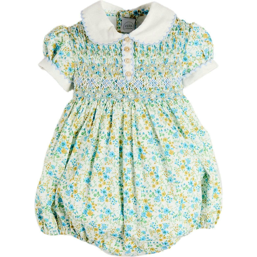 Louisa Floral Hand Smocked Short Sleeve Romper in Blue (3mths-2yrs)