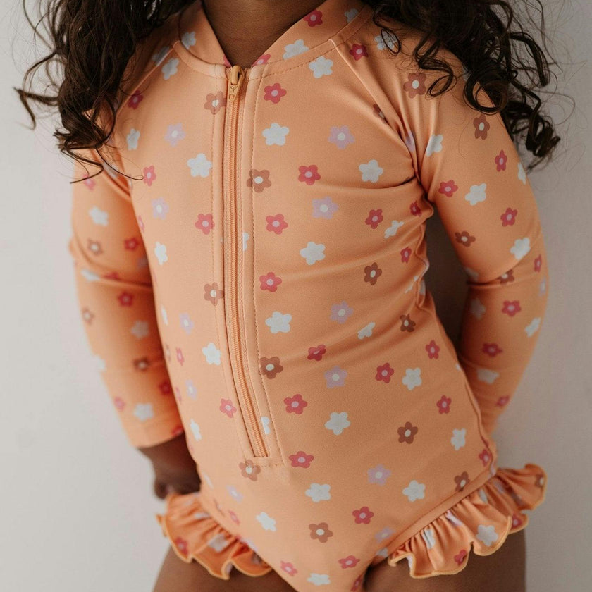 Girls One-Piece Ruffle Rash Guard Swimsuit in Desert Mist Blooms