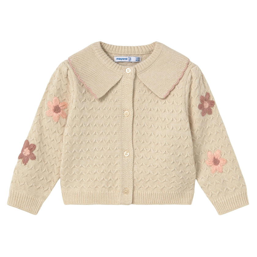 Cream Flower-Patterned Knitted Cardigan