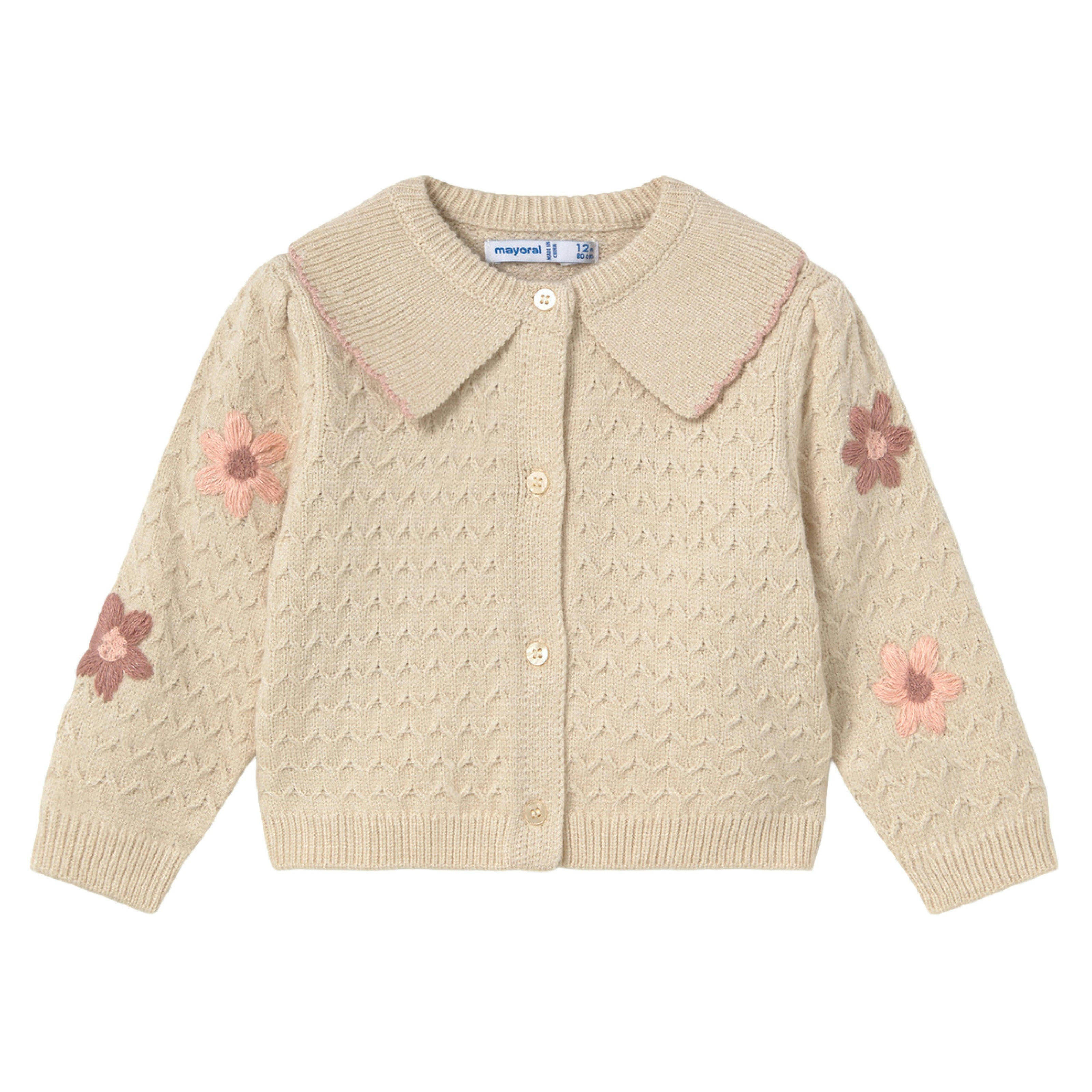 Cream Flower-Patterned Knitted Cardigan