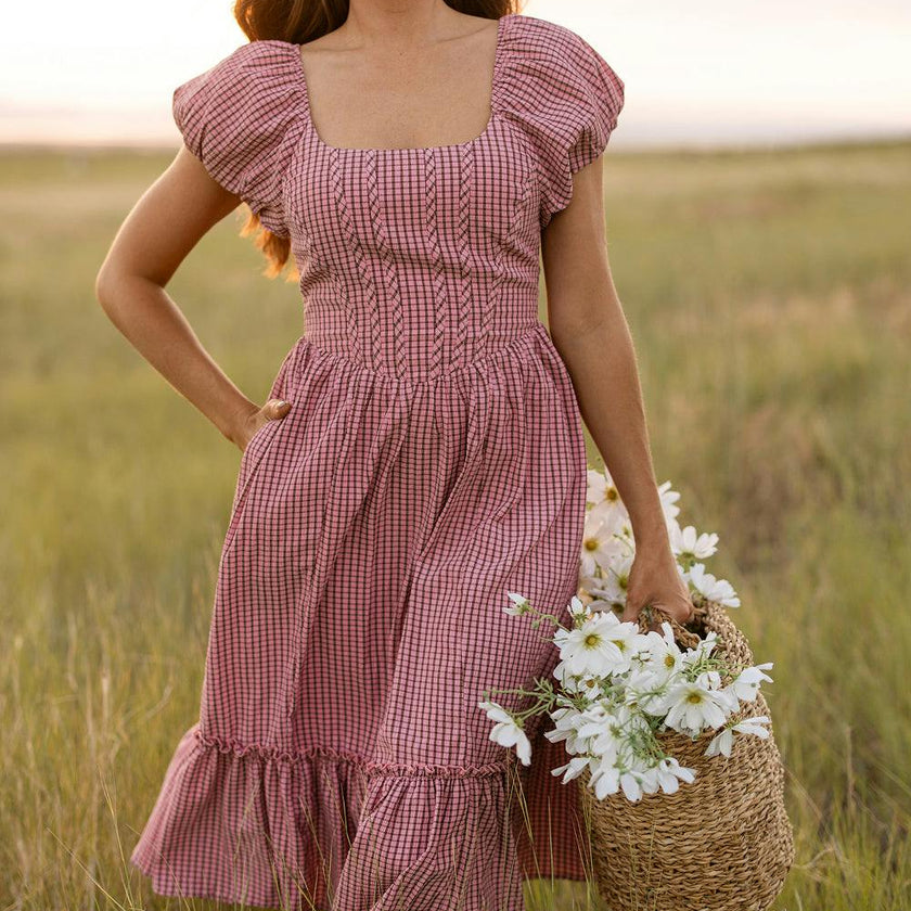 Monica Dress in Pink & Brown Gingham